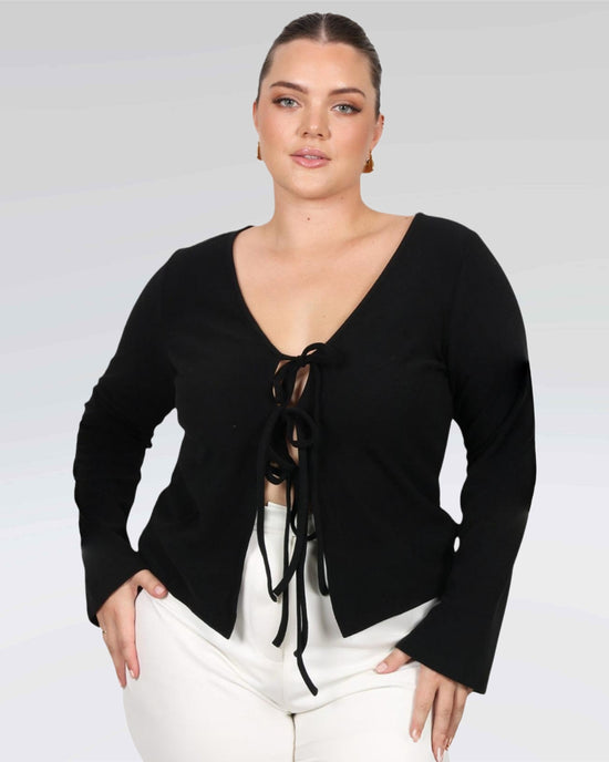 Pluswear Premium Tie Front Ribbed Top (Black)