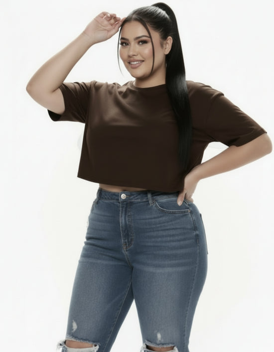 Pluswear Everyday Cropped Cotton Tshirt (Brown)