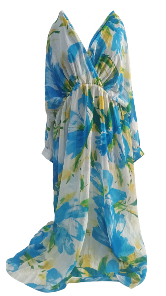 Plus Floral Print Surplice Neck Sheer Maxi Dress D4021