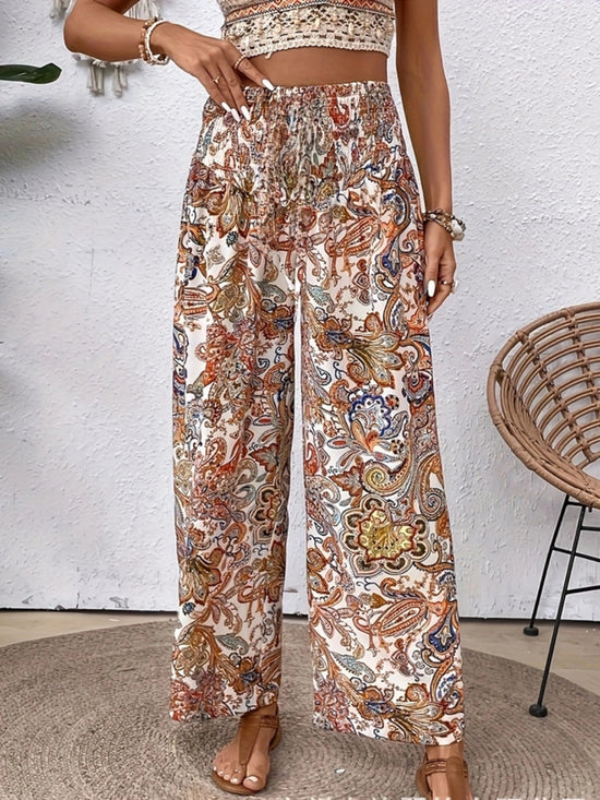 Plus Shirred Waist Paisley Print Pants T2412