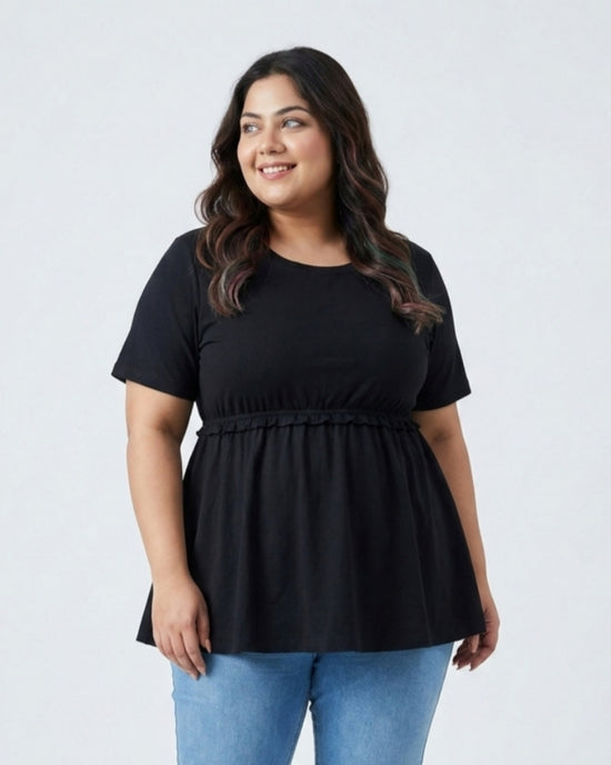 Pluswear Cotton Round Neck Peplum Tee (Black)