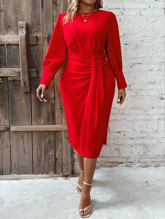 Plus Drape Detail Lantern Sleeve Dress D4012