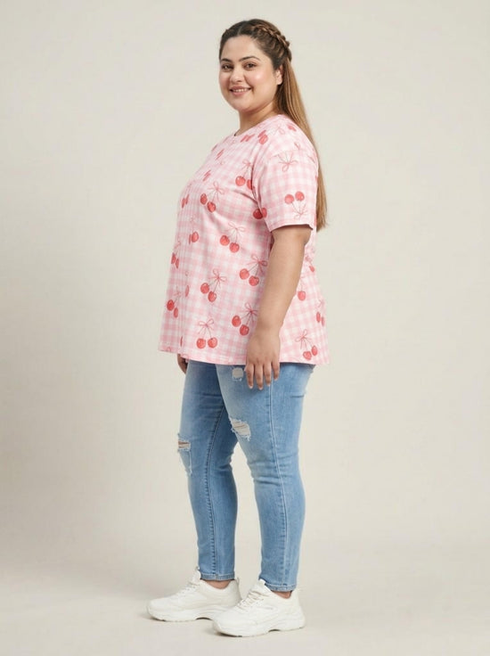 Pluswear Everyday Drop Shoulder Cherry Gingham Print A-Line Tshirt