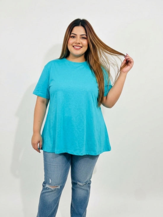 Pluswear Everyday Drop Shoulder A-Line Cotton Tshirt (Aqua Blue)