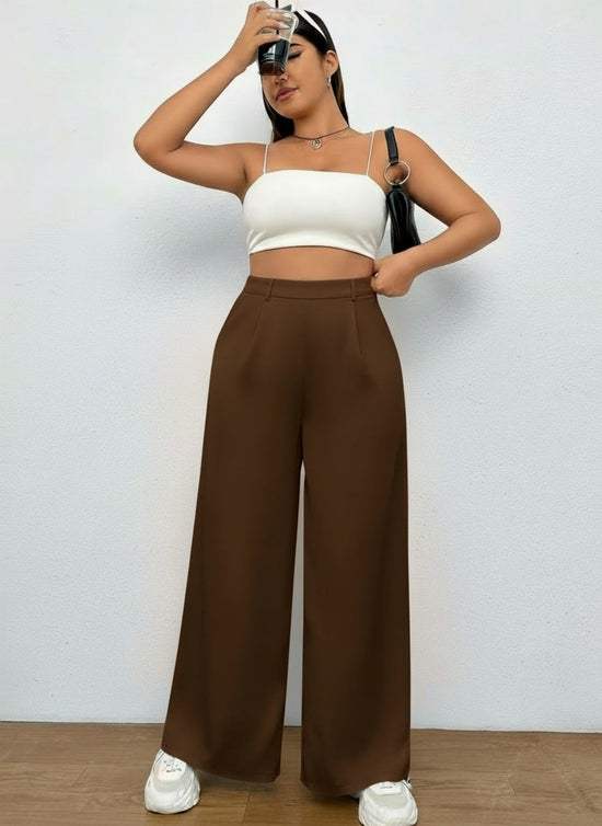 Pluswear Everyday Slip On Pocket Wide Leg High Waisted Pants (Chocolate Brown)