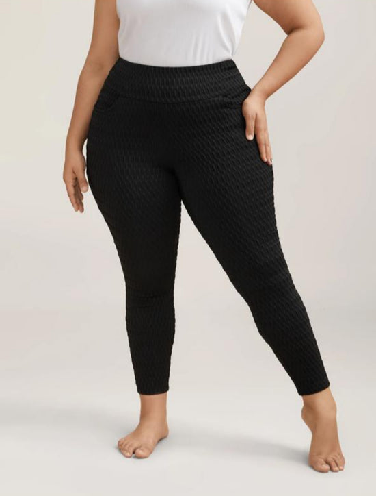 Pluswear Premium Textured Wide Waistband Pocket Leggings (Black)