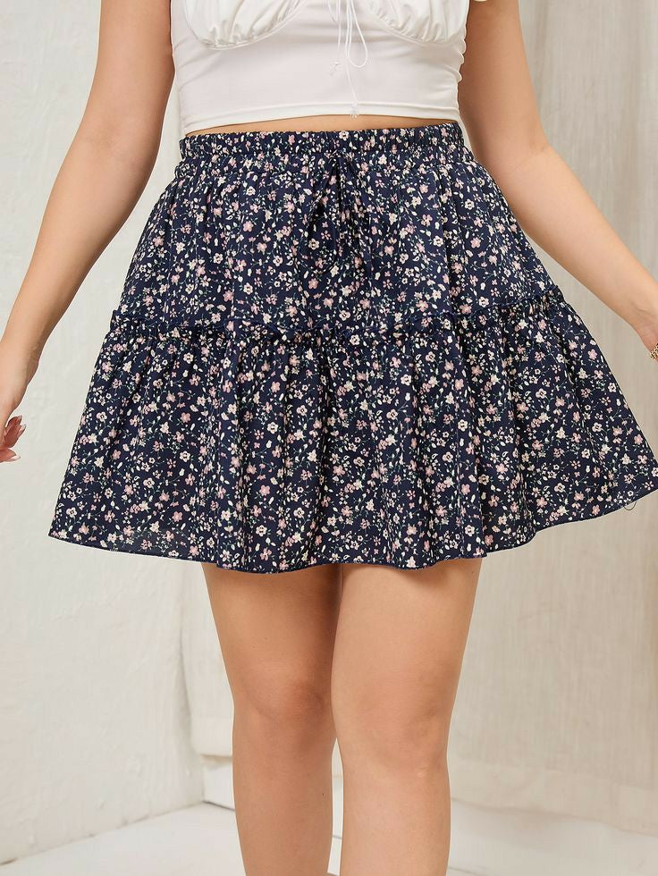 Plus Ditsy Floral Frill Trim Knot Front Skirt T240