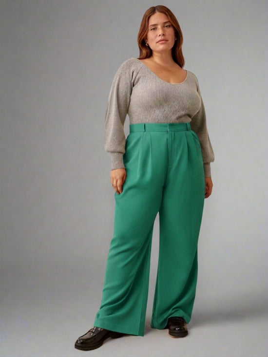 Pluswear Premium Plicated Hem Wide Leg High Waisted Pants (Green)