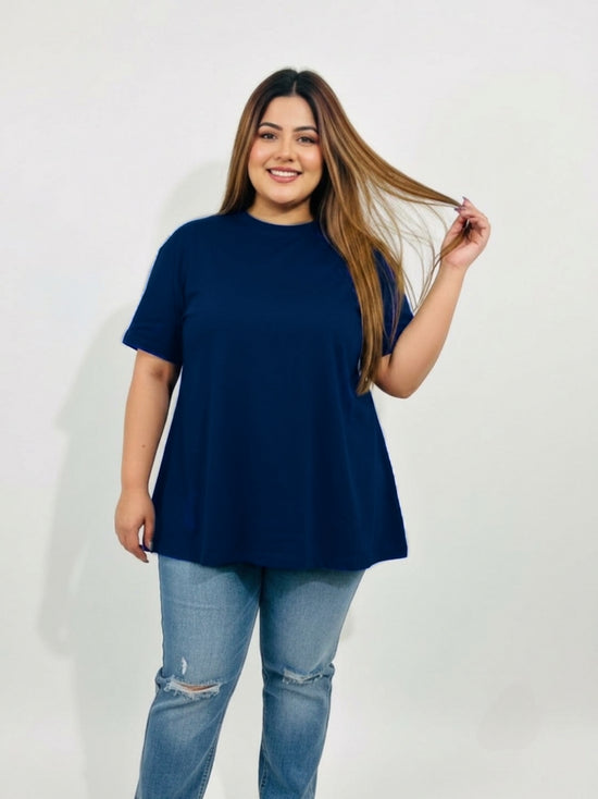 Pluswear Everyday Drop Shoulder A-Line Cotton Tshirt (Navy Blue)