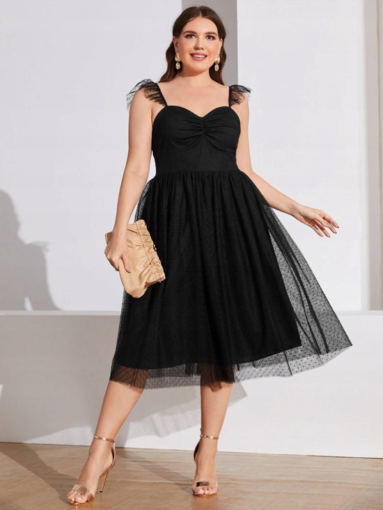 Plus Polka Dot Mesh Overlay Dress D3321