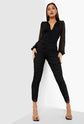Plus Mesh Sleeve Surplice Neck Ruched Unitard Jumpsuit D3160