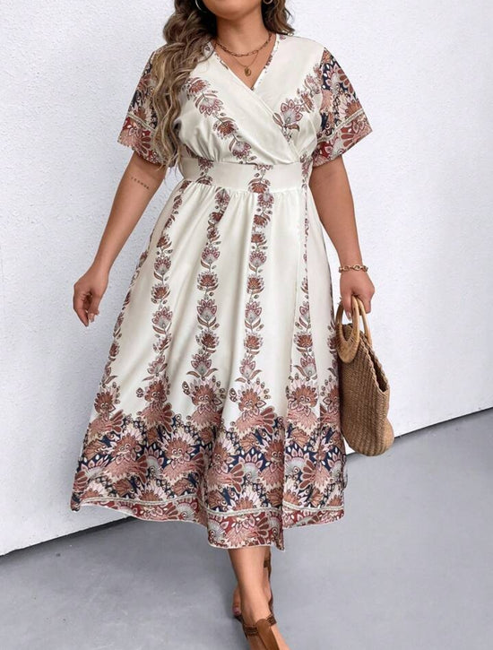 Plus Surplice Neck Floral Print Dress D2097
