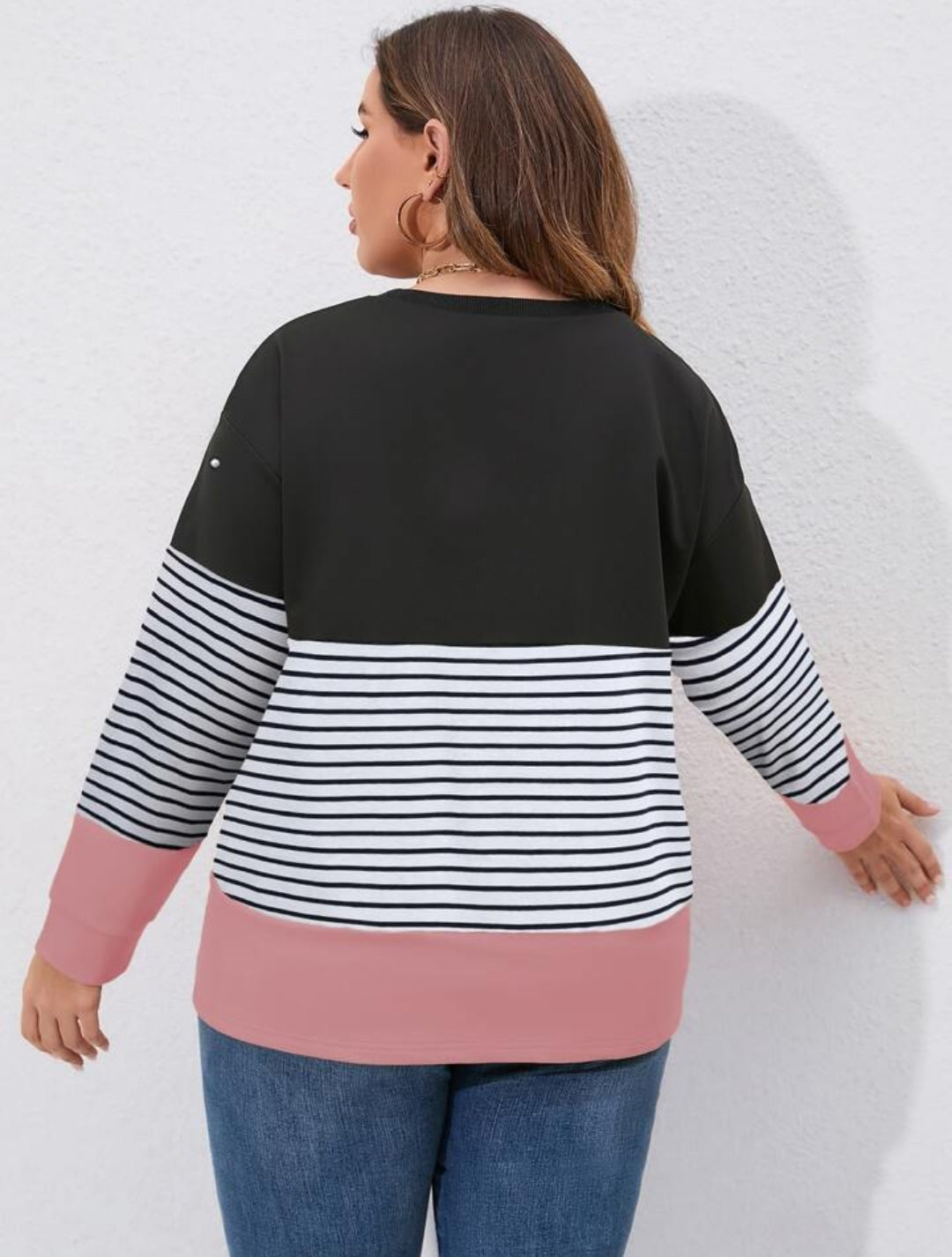 Plus Striped Print Colorblock Pearls Beaded Drop Shoulder Sweatshirt T237