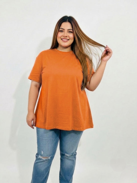 Pluswear Everyday Drop Shoulder A-Line Cotton Tshirt (Coral Orange)