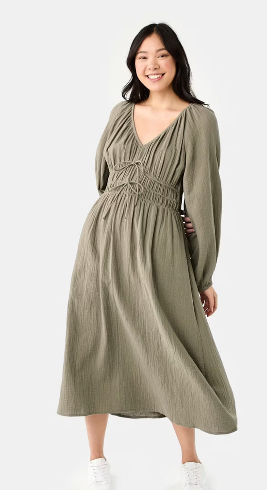 Plus Shirred Waist Lantern Sleeve Pockets Maxi Dress