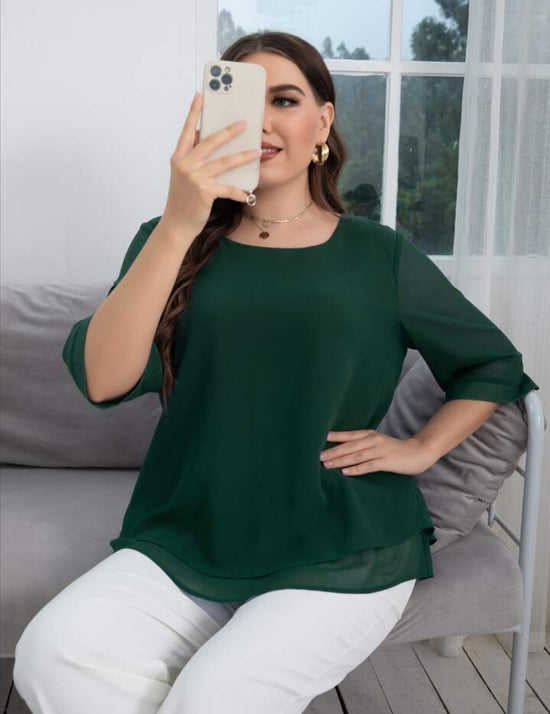 Plus Layered Hem Solid Blouse T1200