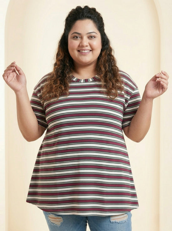 Pluswear Everyday Drop Shoulder A-Line Striped Cotton Tshirt (Maroon White)