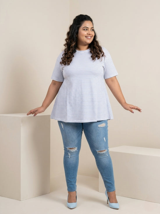 Pluswear Everyday Drop Shoulder A-Line Striped Cotton Tshirt (Blue-White)