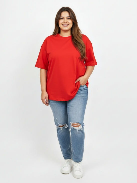 Pluswear Everyday Drop Shoulder Oversized Cotton Tshirt (Red)
