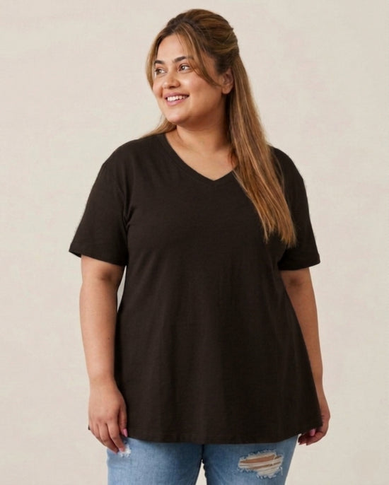 Pluswear Everyday V Neck A-Line Cotton Tshirt (Dark Brown)
