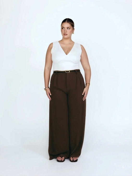 Pluswear Premium Plicated Hem Wide Leg High Waisted Pants (Burnt Brown)