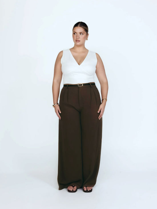 Pluswear Premium Plicated Hem Wide Leg High Waisted Pants (Coffee Brown)