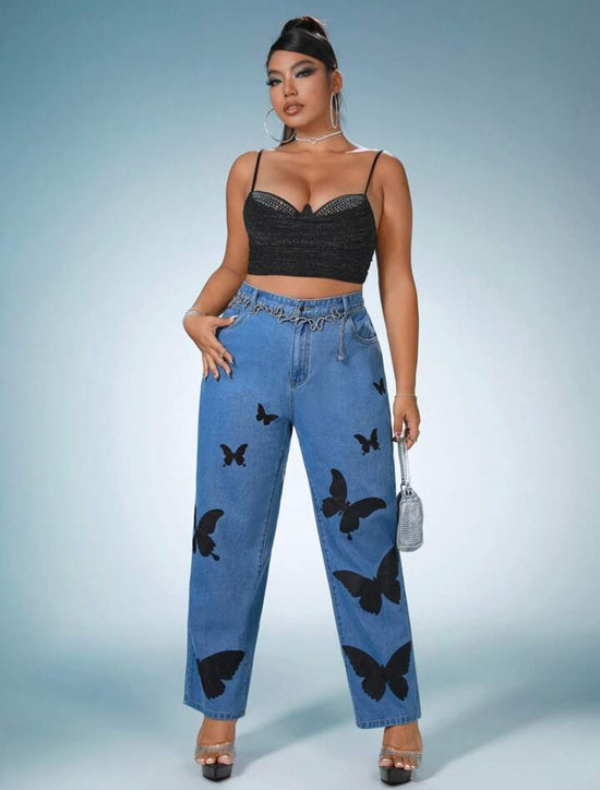 Plus Butterfly Print Straight Leg Jeans J59