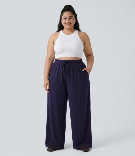 Pluswear Everyday Cotton Wide Leg High Waisted Pocket Joggers (Dark Purple)