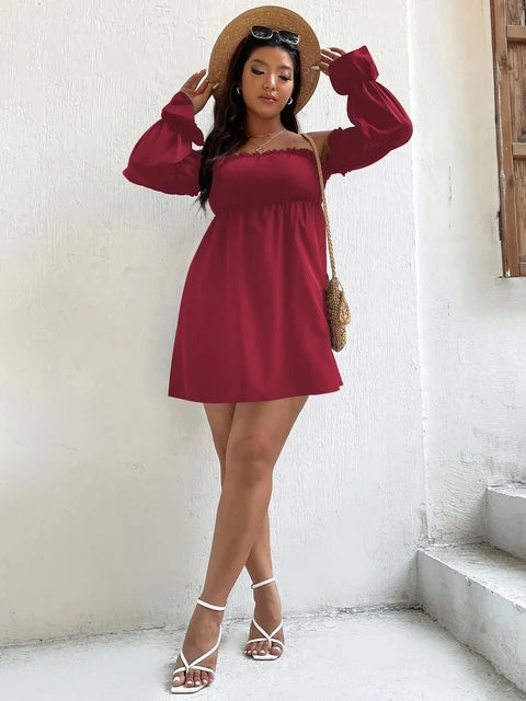 Plus Shirred Bust Ruffle Hem Off Shoulder Dress D799