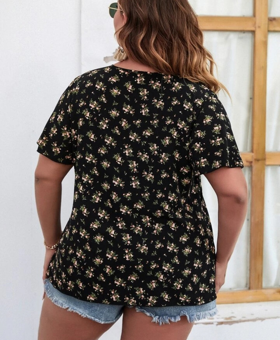 Plus Ditsy Floral Print Frill Blouse T255