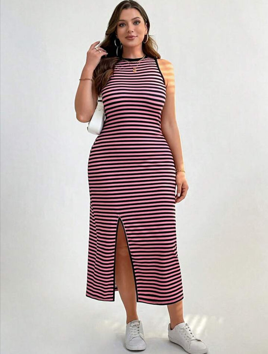 Plus Striped Slit Hem Sleeveless Bodycon Dress D1994