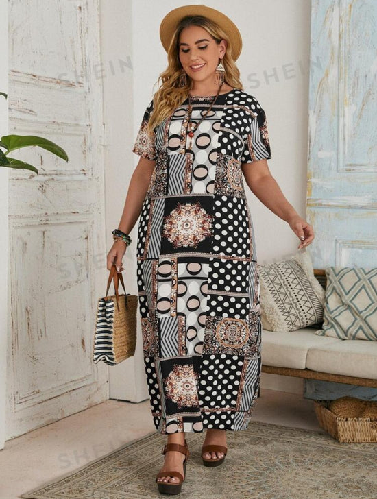 Plus Patchwork And Polka Dot Print Dress D3205