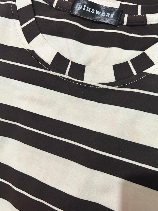 Pluswear Everyday Drop Shoulder A-Line Striped Cotton Tshirt (Brown-White)
