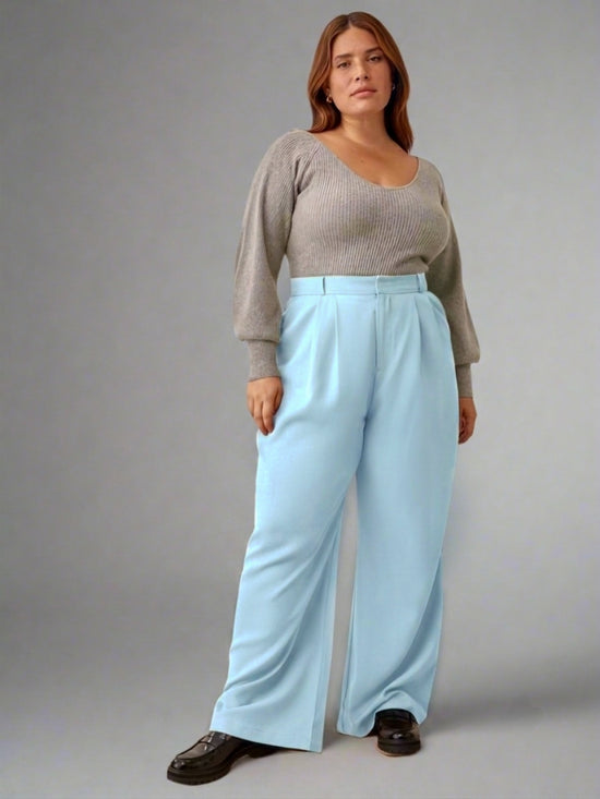 Pluswear Premium Plicated Hem Wide Leg High Waisted Pants (Sky Blue)