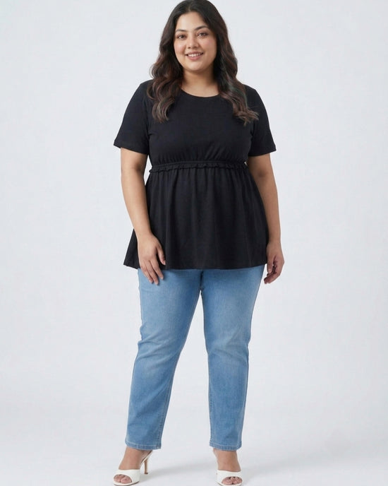 Pluswear Cotton Round Neck Peplum Tee (Black)