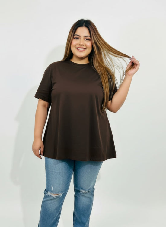 Pluswear Everyday Drop Shoulder A-Line Cotton Tshirt (Coffee Brown)