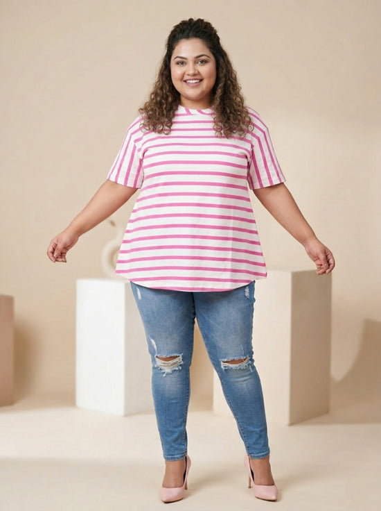 Pluswear Everyday Drop Shoulder A-Line Striped Cotton Tshirt (Pink-White)