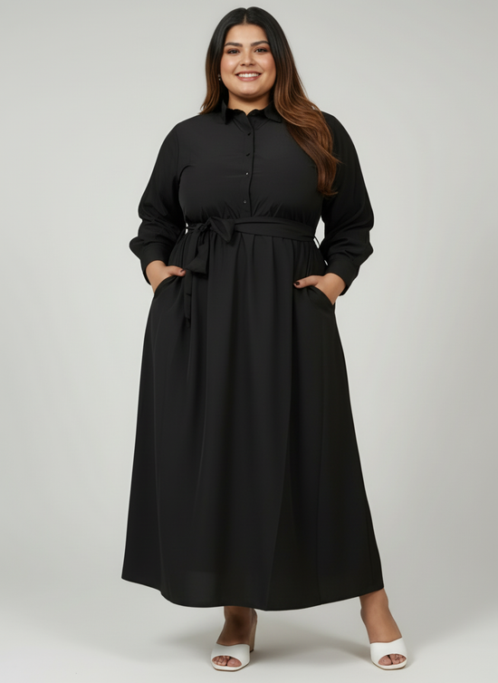Pluswear Elan Belted Half Shirt Flare Dress (Black)