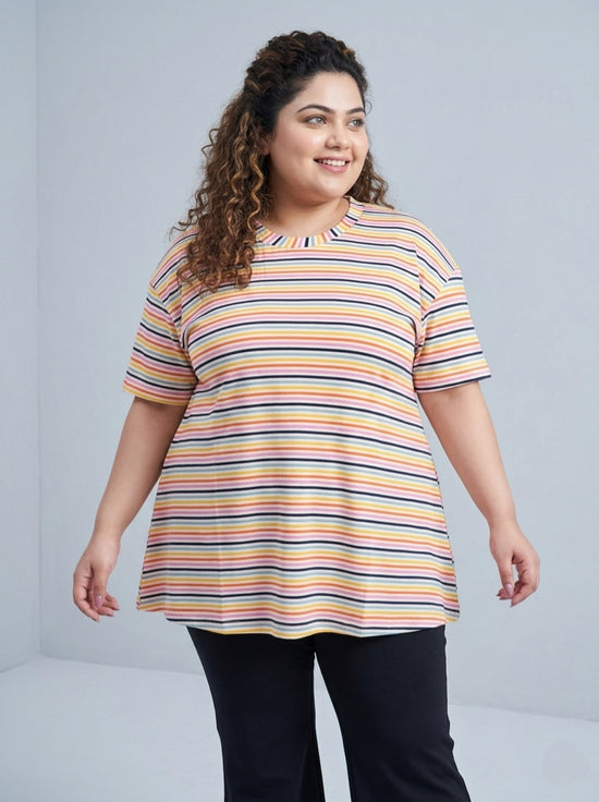 Pluswear Everyday Drop Shoulder A-Line Striped Soft Cotton Tshirt (Vari-Colored)