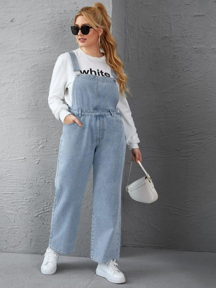 Plus Solid Pocket Denim Overalls Without Tee J308