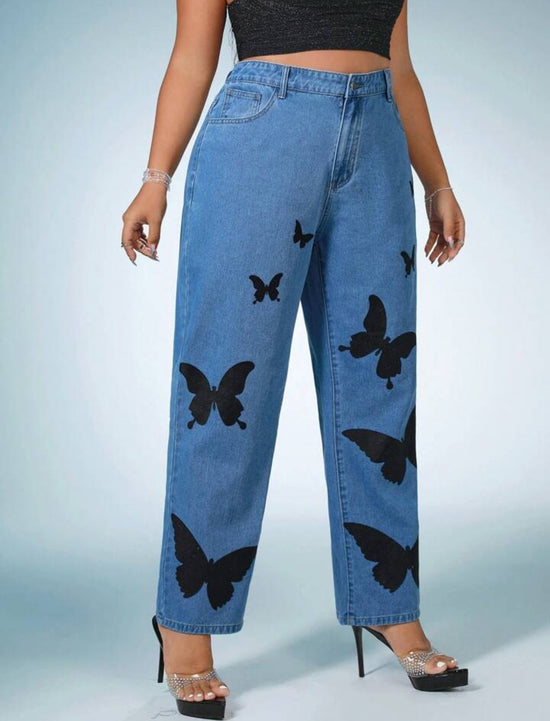 Plus Butterfly Print Straight Leg Jeans J59