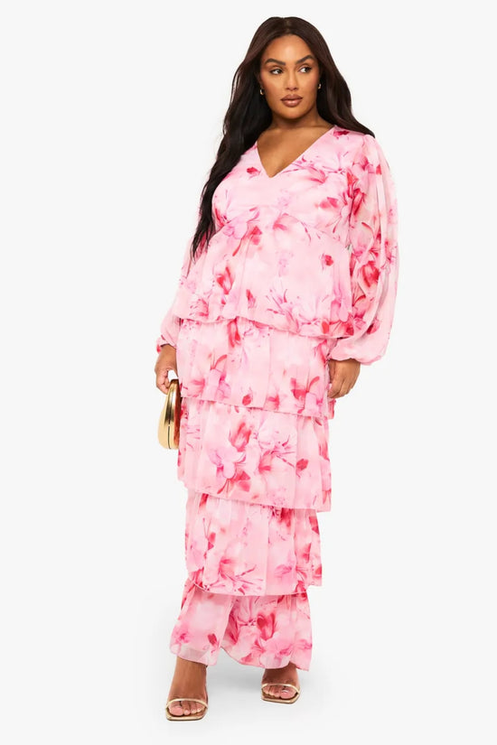 Plus Ruffle Tiered Ruffle Hem Chiffon Maxi Dress D4007