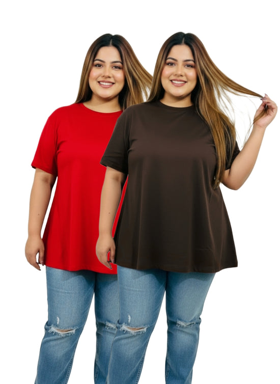 2-Pack Pluswear Everyday Drop Shoulder A-Line Cotton Tshirt (Red & Brown)