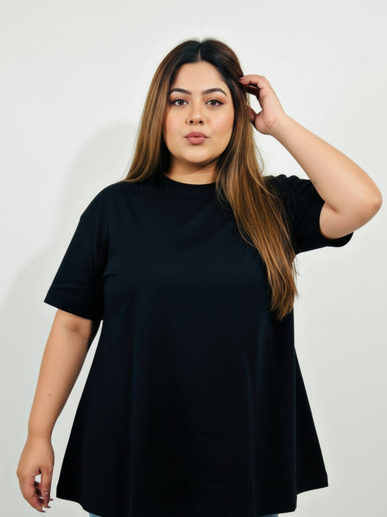 Pluswear Everyday Drop Shoulder A-Line Cotton Tshirt (Black)