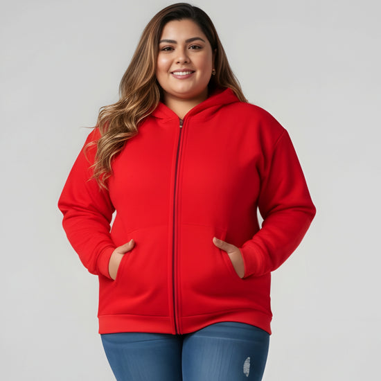 Pluswear Zipper Oversized Pocket Fleece Hoodie (Red)