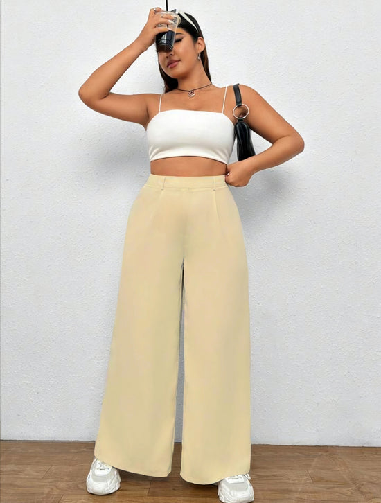 Pluswear Everyday Slip On Pocket Wide Leg High Waisted Pants (Cream)