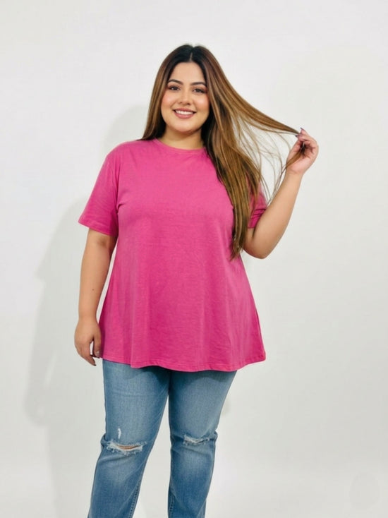 Pluswear Everyday Drop Shoulder A-Line Cotton Tshirt (Rose Pink)