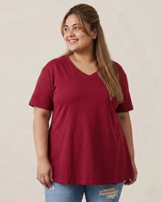 Pluswear Everyday V Neck A-Line Cotton Tshirt (Red)
