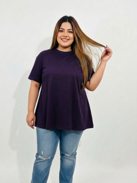 Pluswear Everyday Drop Shoulder A-Line Cotton Tshirt (Dark Purple)