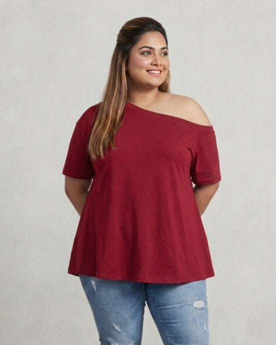 Pluswear Everyday One Shoulder A-Line Cotton Tshirt (Red)